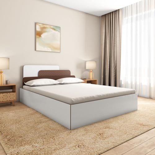 Nilkamal Bruce Wooden Queen Bed with Box Storage | Designer Headboard with Storage | Engineered Wood | 4 Big Compartments | Walnut & White