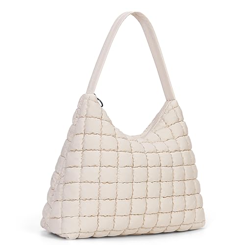 Bolsa acolchoada para mulheres, bolsa de mão leve e fofa, bolsa de transporte diário para trabalho, academia, faculdade, Off-white, Large