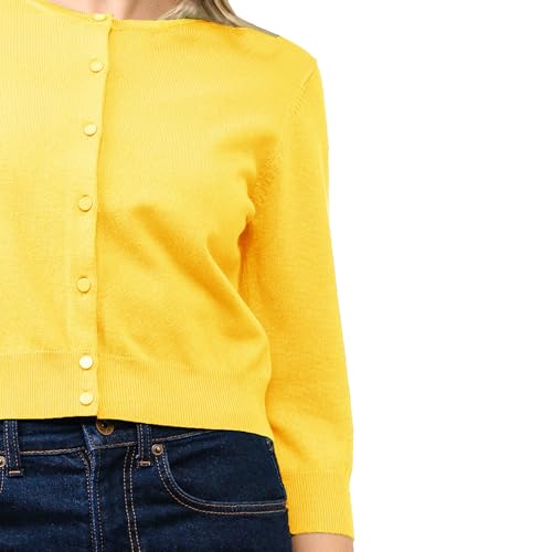 Image of Women's Cropped Cardigan 3 /4 Sleeve Crewneck Button Up Sweater Knit Top (S~XL)