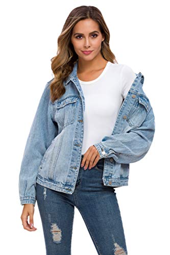 Women's Loose Jean Jacket Casual Long Sleeve Denim Classic Jacket Coats (Blue Washed, Large)