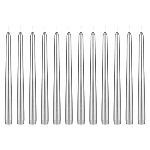 Mega Candles 12 pcs Unscented Silver Taper Candles, Hand Poured Wax Candle 10 Inch x 7/8 Inch, Home Décor, Wedding Receptions, Centerpieces, Birthdays, Celebrations, Romantic Events, Candle Holders