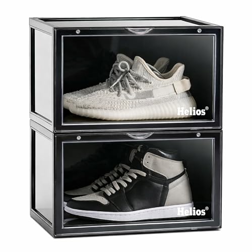 Image of Helios Stackable Shoe Storage Boxes Side Drop || Shoe Rack || Shoe Organizer || Shoe Boxes Smoke Black Plastic Stackable Shoe Containers(Black, Pack of 2)