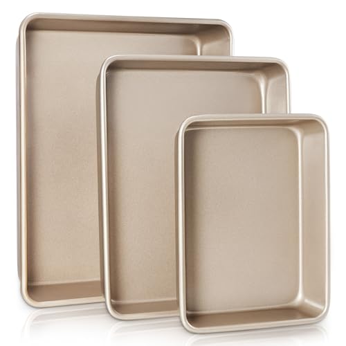 Comparison: Best Metal Cooking Pan 11 HONGBAKE Deep Baking Pans Set of 3, Nonstick Rectangle Sheet Cake Pans, 13/11/9 Inch Metal Oven Tray for Cooking Lasagna Brownie, Stackable Multi-Depth Bakeware, Golden