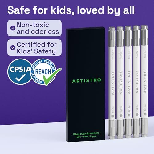 Image of ARTISTRO 5 Silver Dual-Tip Acrylic Paint Markers - Paint Pens Set with Dot & Fine Tips for Fabric, Rock, Glass, Wood, Coloring Books - Arts & Crafts Gift - Classroom Must Haves & School Supplies