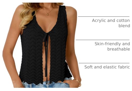 Image of LILLUSORY Crochet Tops for Women Summer Vacation Beach Outfits | Tie Front Going Out Tops, Beach Coverup, Breathable Hollow-out Knit, Perfect for Beach, Music Fest, Vacation