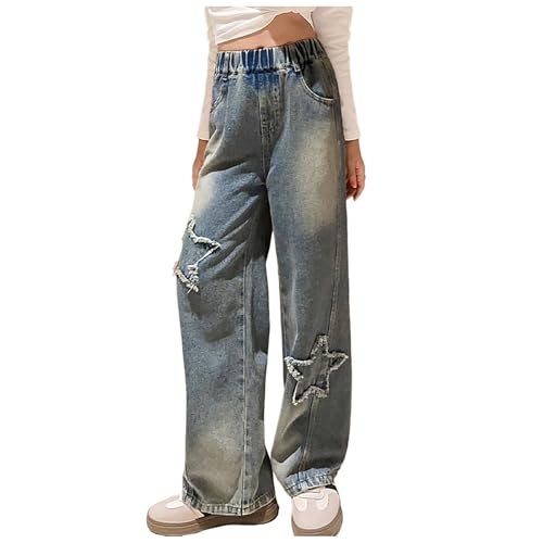 Girls Wide Leg Y2K Jeans Kids Trendy Streetwear Star Graphic Denim Pants Elastic Waist Baggy Trousers with Pockets