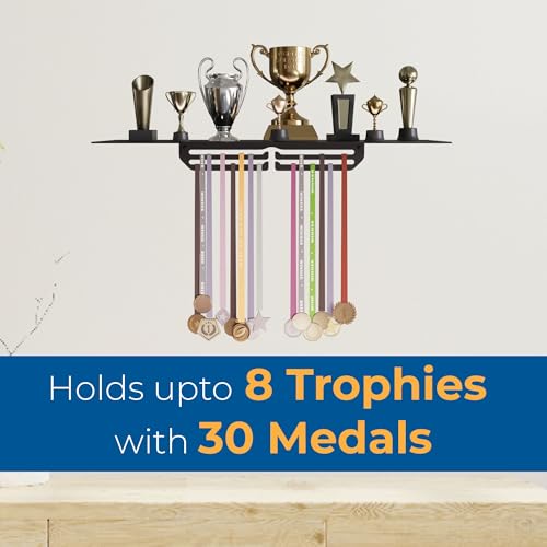 Large Metal Trophy Stand with Medal Holder for Wall - Holds Up to 8 Trophies and 30 Medals - Glossy Black Finish - Metal Display for Sports Achievements - Perfect for Homes, Schools, and Sports Clubs 4 415qA6XuLeL