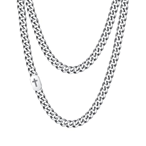 VNOX Cross Necklace for Men - Solid Mens Cross Cuban Link Chain Necklaces Stainless Steel Silver/Gold Plated Chains for Men, Cool Miami Hip Hop Jewelry Gifts 18 22 Inch Chain Silver 18.0 Inc