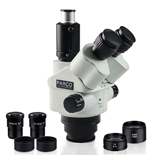 Image of Parco Scientific PZFLZ Lockable 0.7X-4.5X Trinocular Simul-Focal Zoom Stereo Microscope Head, Pair of 10x Widefield (20mm) Eyepieces with Eye-Guards, 0.5X&2X Barlow Lens