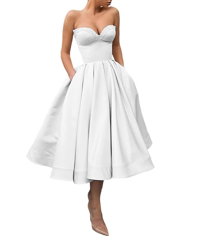 Strapless Satin Short Prom Dress with Pockets A-line Sequins Homecoming Dresses for Teens