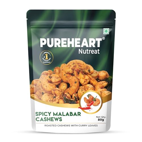 Image of Pureheart Spicy Malabar Cashews 80g | Roasted Masala Kaju with Curry Leaves | Premium Crunchy Flavored Cashew Nuts | Healthy Snack, Protein Rich Dry Fruits | Spicy Roasted Nuts Pack