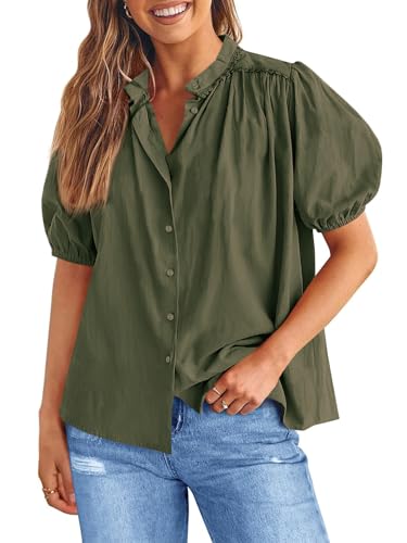Tankaneo Womens Puff Sleeve Button Down Shirts Cotton Pleated Loose Fit Tops Summer Dressy Casual Blouses