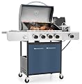 MFSTUDIO 4 Burner BBQ Gas Grill with Side Burner, Stainless Steel Propane Grills with Porcelain-Enameled Cast Iron Grates, 42,000 BTU for Outdoor Backyard Barbecue Cooking, Blue