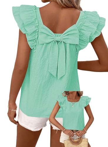 Image of Falechay Womens Bow Tie Back Tops Round Neck Ruffle Short Sleeve Shirts Cute Babydoll Chiffon Tee Women Summer Trendy Tunic