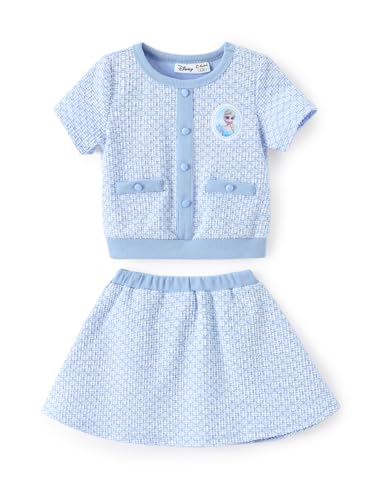 Disney Frozen Elsa Toddler Girl 2 Piece Outfit Blue Short Sleeve Character Print Button Knit Elegant Top & Tweed Skirt Set Birthday Party Dress Theme Park Costume Summer Holiday Clothes Gift 2T