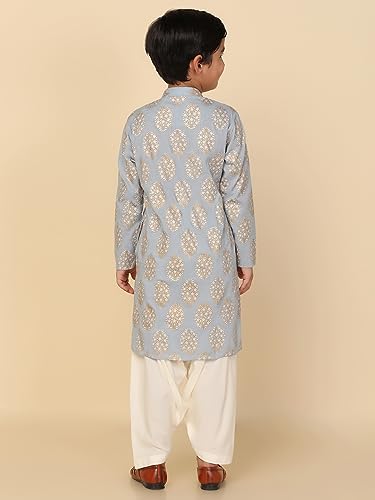 Image of KISAH Kid's Full Sleeves Cotton Blend Knee Length Printed Sky Blue Kurta Patiala Set (3-4Y)