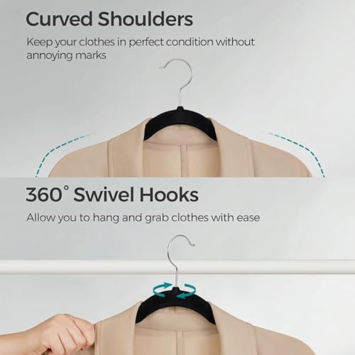 Image of Ginoya brothers Velvet Hangers,Non Slip Notched with Rose Gold Hook Coat /Suit Hangers,Space Saving 360 Degree Swivel Hook Clothes Hangers Wardrobe Hanger. (Black, 10)