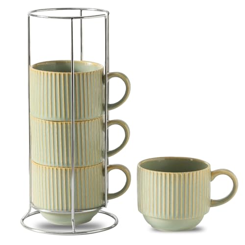HASENSE Ceramic Coffee Mugs Set of 4 with Rack - 15 oz Stackable Large Porcelain Ribbed Latte Cup Set for Cappuccino, Tea, Hot Cocoa, Drinks - Dishwasher & Microwave Safe, Sage Green