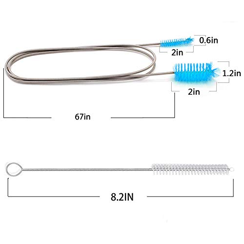 Flexible Drain Brush,Nylon Cleaner Double Ended Elastic Hose Pipe 67-inch and 2 PCS 8.2-inch Straw Cleaning Brush