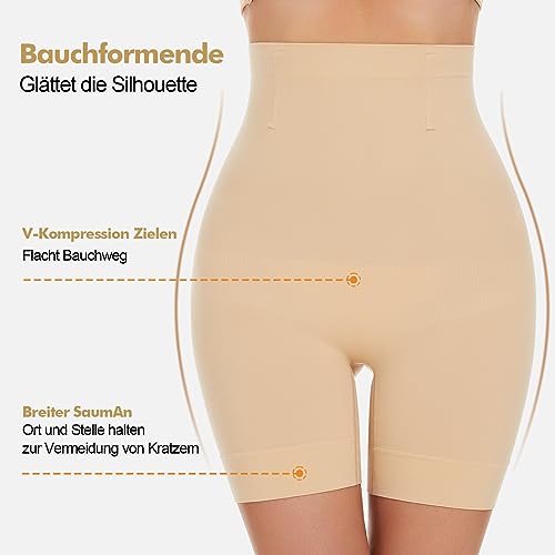 SIMIYA Bauchweg Unterhose Damen Hohe Taille Shapewear Nahtlose Miederhose mit Bein Figurenformend Miederpant Baumwolle Unterwäsche Hose unter Kleid Kurze Shorts(Beige, L)