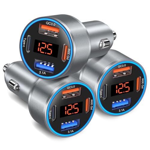 Image of USB C Car Charger with Voltage Display, 3 Pack 65W Super Fast Charging Car Phone Charger Dual USB-A & USBC Cargador Carro Cigarette Lighter Adapter Volt Meter for iPhone,Samsung,Tablet,Android-Gray