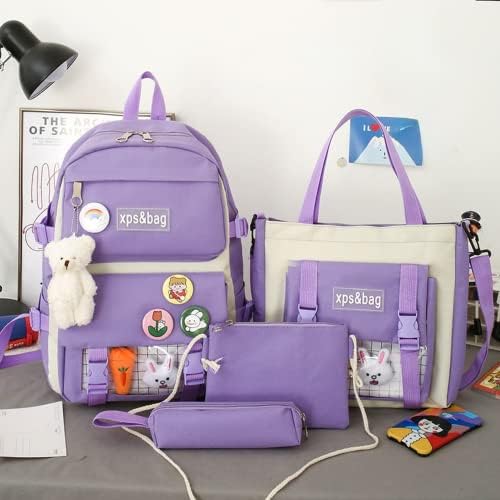 Rugzak 5 stks set esthetische kawaii schooltassen 17in schattige boekentas met badge & hangershouder tas, kleine tas zwart, potlooddoos (Color : Black, Size : 17in