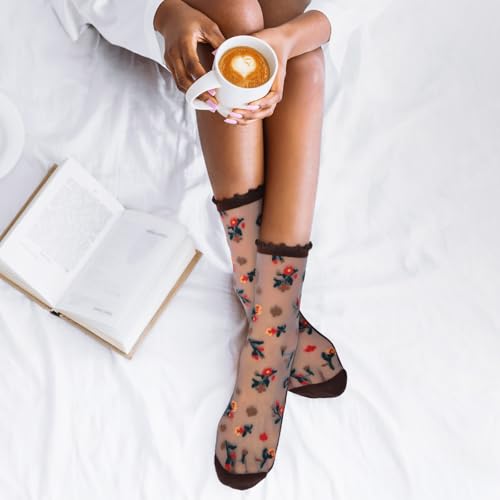 Suhine 8 Pairs Floral Sheer Sock Women Embroidered Jacquard Crystal Glass Socks Thin Mesh Lace for Summer 5