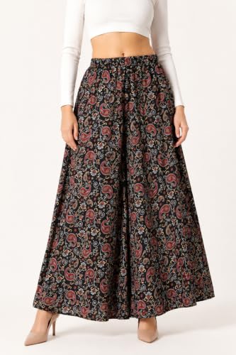 Image of Viscose Rayon Flared Printed Plazzo Palazzo Pants, Loose /Relaxed Fit Regular, Office Wear, Casual Wear Comfortable, Trouser Pants for Girls & Women Black Kerri Design (S to 3XL Size)