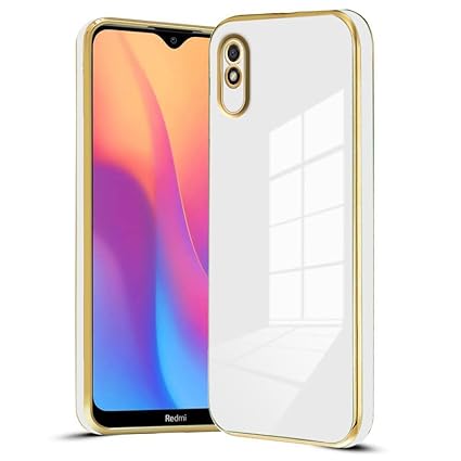 6D Chrome Back Cover Case for Redmi 9A | Redmi 9i | [ Gold Plated Frame | Glossy Backside -White ]