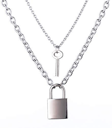 Lock Key Pendant Necklace Statement Long Chain Punk Multilayer Choker Necklace for Women Men (Silver Lock key)