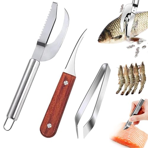 CHENNAN Eliminador de escamas de pescado 3 en 1, Cuchillo para escamas de pescado, Accesorio de cocina, Con Pinzas para espinas de pescado y Pelador rápido de gambas, para pescado y carne (3pcs)
