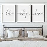 Set of 3 Framed Farmhouse Let's Stay Home Sign 11x14” Above Bed Wall Decor for Bedroom Decor Wall Art Wood Signs （11x14“，Black）