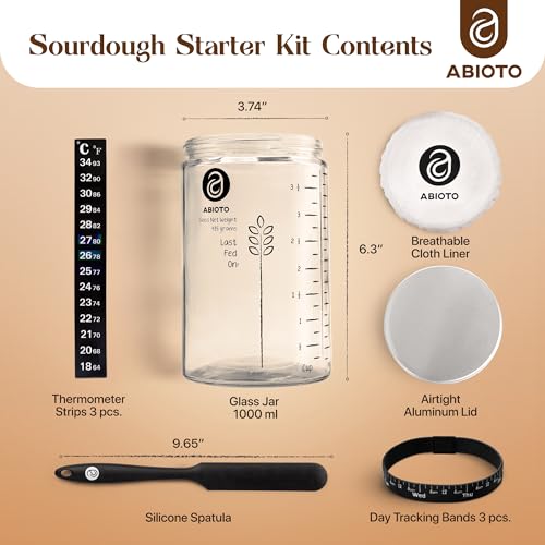 Sourdough Starter Jar Kit, Includes 34 oz Sourdough Starter Jar with Metallic Lid, Silicone Spatula, Feeding Tracker, Extra Thermometer Strips & Breathable Covers – Sourdough Bread Starter Kit