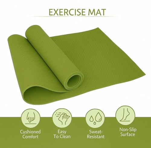 Image of Yoga Mat for Women & Men | High Density TPE Yoga Mat with 6mm Cushion | Sweat-Resistant Anti-Slip Exercise Mat | Lightweight & Portable with Carry Bag (Olive)