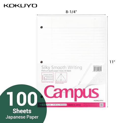 Image of Kokuyo 3 Hole Loose Leaf Paper, 8-1 /4 inchx11 inch Wide Ruled, 100 Sheets, 1 Pack | 3 Hole Punched Filler Papers, Bleed Resistance Notebook Paper, Japanese 70 GSM Smooth Paper for 3 Ring Binder 100 Sheets /Pack