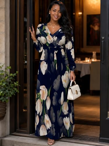 Image of PinkPatty Plus Size Dresses for Curvy Women V Neck Flowy Long Sleeves Wrap Maxi Dress Travel Vacation Outfits