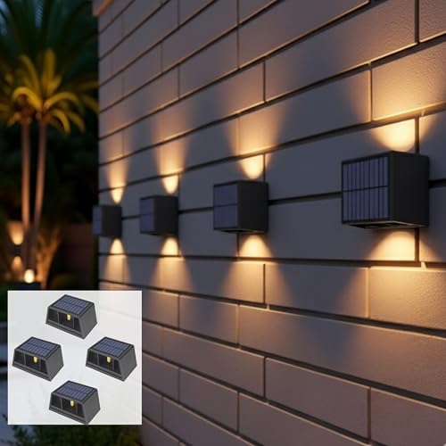 Image of Homehop Solar Light Outdoor Home Garden Dusk to Dawn Wireless Decoration | Solar Wall Lights For Outdoor Waterproof Up Down Night Lamp- Balcony, Porch, Patio and Pathway (Warm Light, ABS, Pack of 4)
