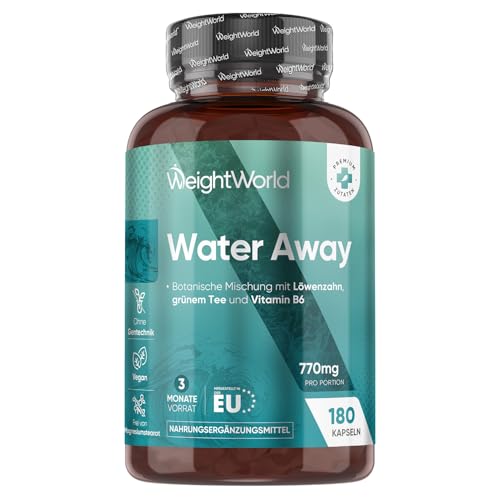 Water Away Kapseln - 11 in 1 Komplex für 3 Monate - Mit Apfelessig Grüner Tee Löwenzahn Kalium Paprika - 180 Entwässerungskapseln - Nur 2 Kapseln pro Tag - Vegan & Glutenfrei - WeightWorld