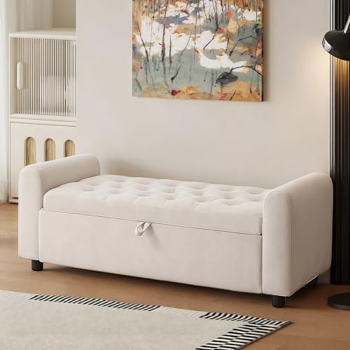 48' Ottoman with Storage, Tufted Storage Ottoman Bench, Convenient Living Room Fabrics Bench Seat, Entryway Shoe Benches with Inner Zipper & Arm, Rivetless Upholstered Window Seat Ottomans, Beige