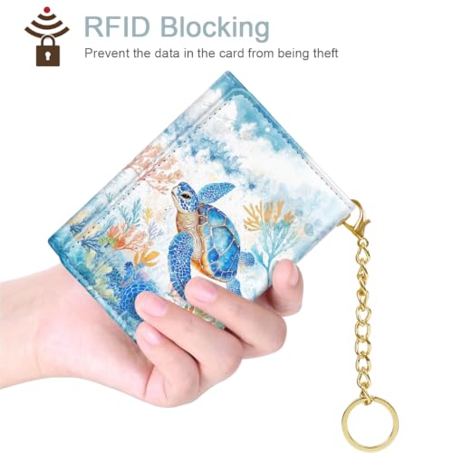 Image of Turtle Small Wallet Women, RFID Blocking Trifold Wallet, Cute Credit Card Holder with Kaychain, Credit Card Wallets, Vegan Leather, 7 Card Slots, ID Window, Wallets for Women Ladies Girls
