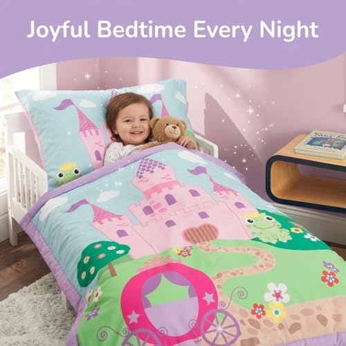 Image of EVERYDAY KIDS 4 Piece Toddler Bedding Set -Princess Storyland- Includes Comforter, Flat Sheet, Fitted Sheet and Reversible Pillowcase