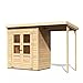Produktbild Karibu Gartenhaus Set Merseburg 2 | Gerätehaus mit 14 mm Wandstärke | 1,4 Meter langes Anbaudach | Doppeltür | 2,22 m² Grundfläche | Steck- & Schraubsystem | Naturbelassen | 329 x 142 x 220 cm