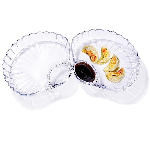 Set of 2 Clear Glass Divided Plates, 9.3 Inch Sushi Platter with Sauce Bowl