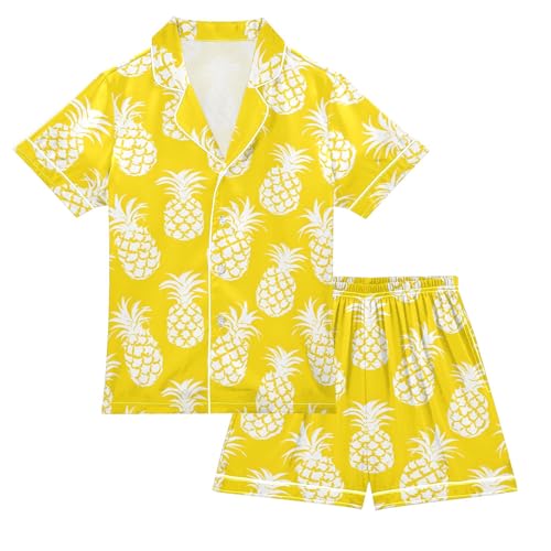 White Pineapples Summer Satin Pajama Set, Cute Button-Down Sleepwear Pj Set for Sleep Wears