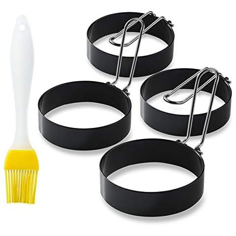 JXFSSY Egg Rings - Non Stick 4pcs Fried Egg Rings, Non Stick Egg Rings, Stainless Steel Fried Egg Rings, Foldable Stainless Steel Handle, Bring an Oil Brush, Apply to Egg for Frying, Pancake (Black) Cover