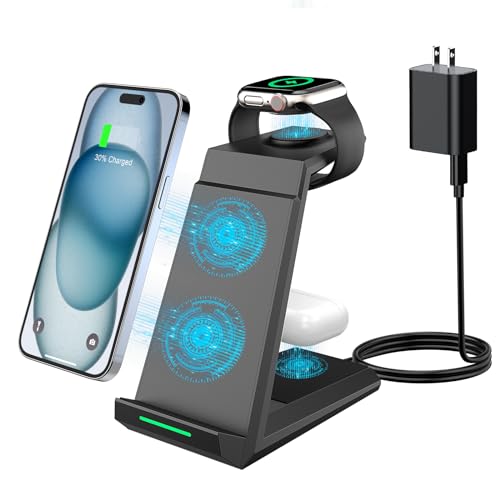 Wireless Charging Station for iPhone - ADADPU 3 in 1 Charger Stand for iPhone 17 16 15 14 13 12 11 Pro Max XR 8 Plus, for Apple Watch 8/7/SE/6/5/4/3/2, AirPods Pro/3/2(with 5ft Cable and 20W Adapter)