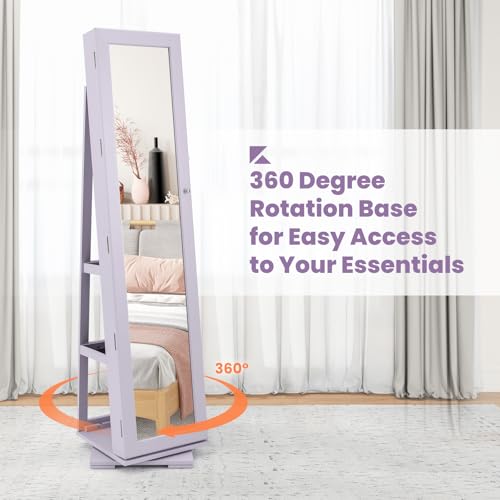 CHARMAID 360° Swivel Jewelry Armoire with Full Length Mirror, Standing Lockable Jewelry Cabinet Organizer, Large Storage Capacity, Inside Makeup Mirror, Back Storage Shelves (Lavender)