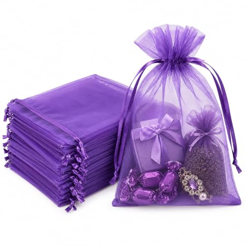 Image of Hopttreely Purple Organza Bags 5x7in, 50PCS Sheer Drawstring Gift Bags, Sheer Mesh Jewelry Pouches, Lavender Wedding Party Festival Gift Bag Candy Pouches for Mother's Day, Holiday Gifts, and Craft Fairs