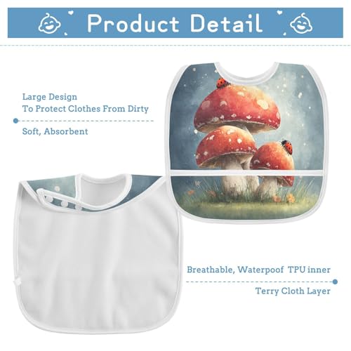 Mushroom Teal Baby Bibs for Infant Boy Girl Waterproof Feeding Bib Apron with Food Cather Adjustable Cotton Food Eating Bib 2 Pack3