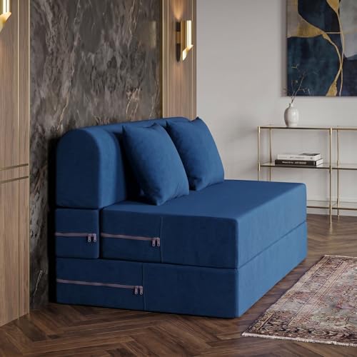 Image of Foldable Four Seater Sofa Bed 6 X 6 Ft Jute Fabric Washable Cover Sofa Cum Bed with Cushions Convertible Sofa Bed for Home (Blue Color - Pre-Assembled)